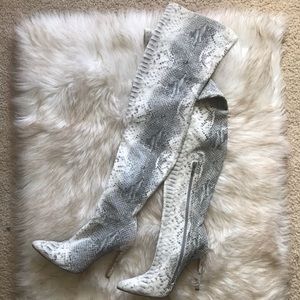 Light snakeskin thigh high boots